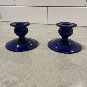 Cobalt Blue Glass Candlestick Holders - Set of 2